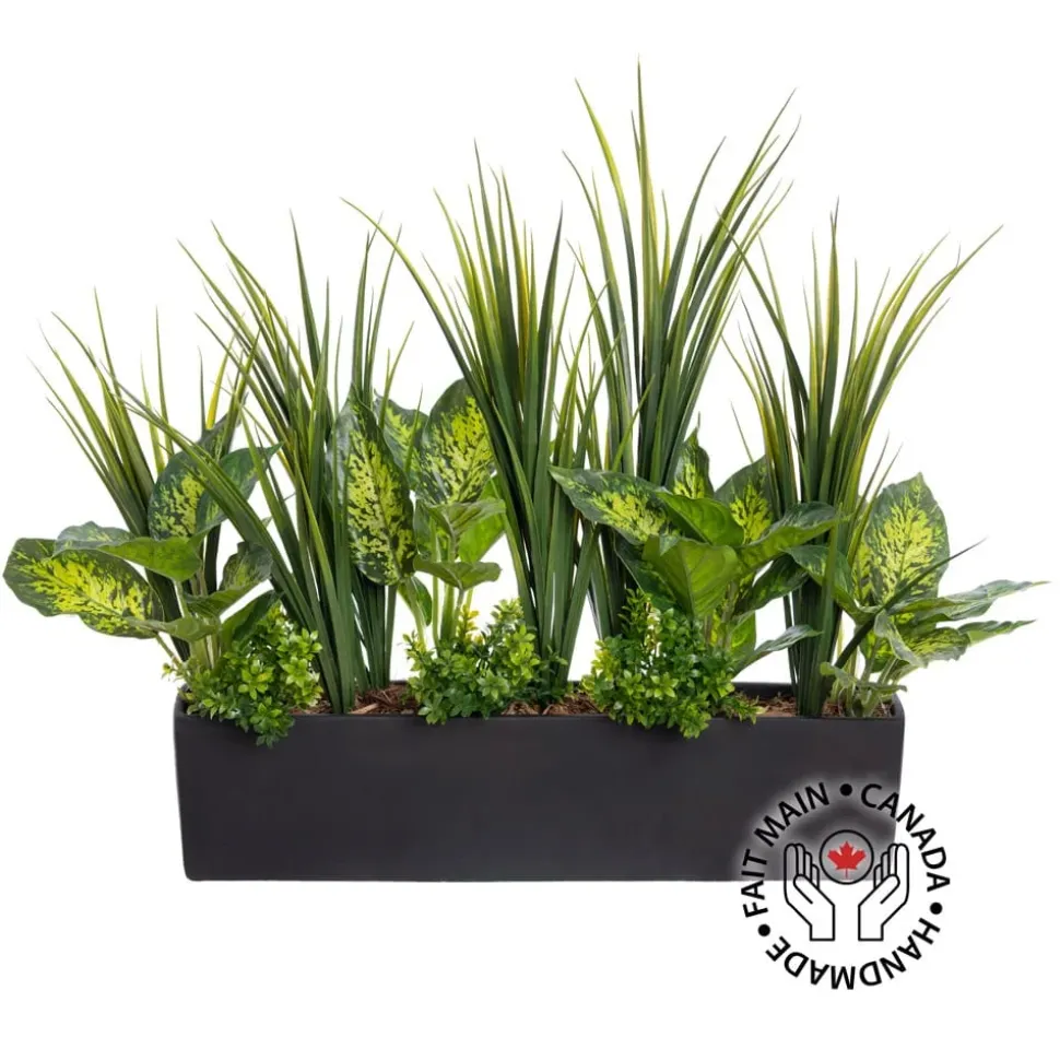 Black rectangular pot of faux green grasses and plants, 20 x 26"