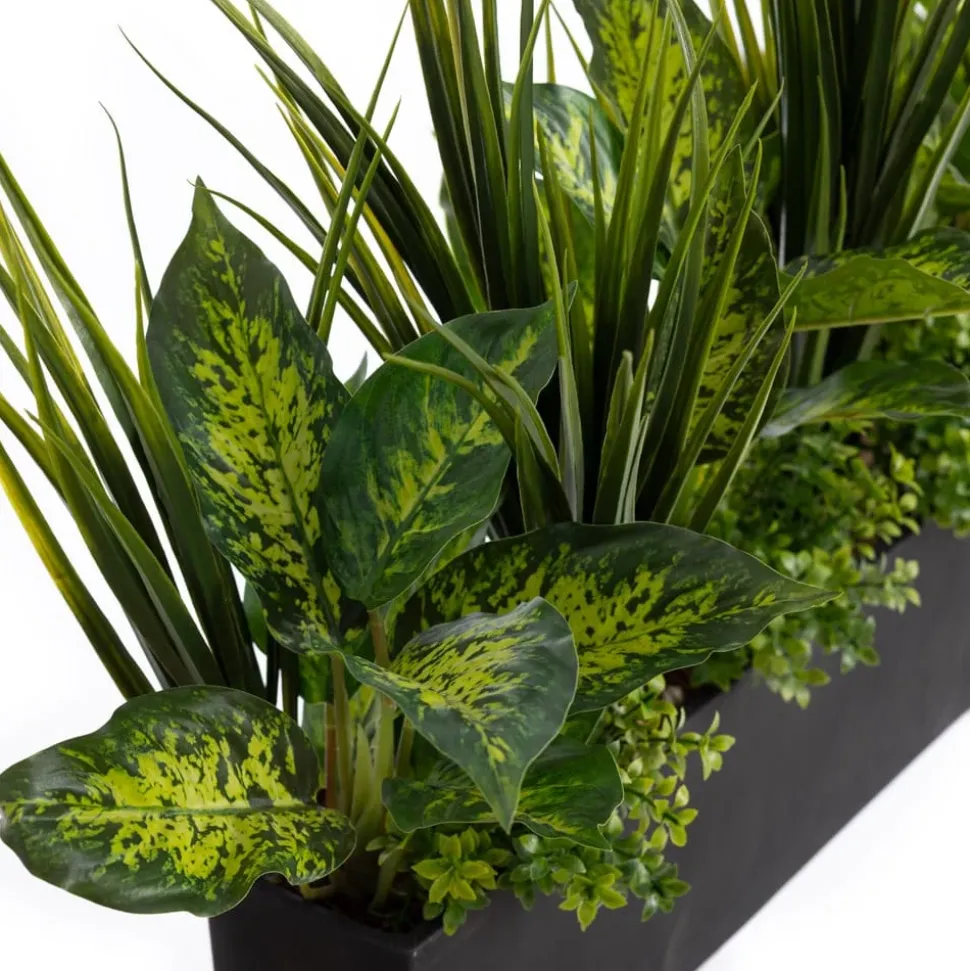 Black rectangular pot of faux green grasses and plants, 20 x 26"