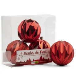 Boules de Noël rouges fini texturé, 4″