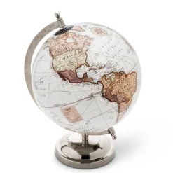 Brown and white earth globe on a silver stand, 8