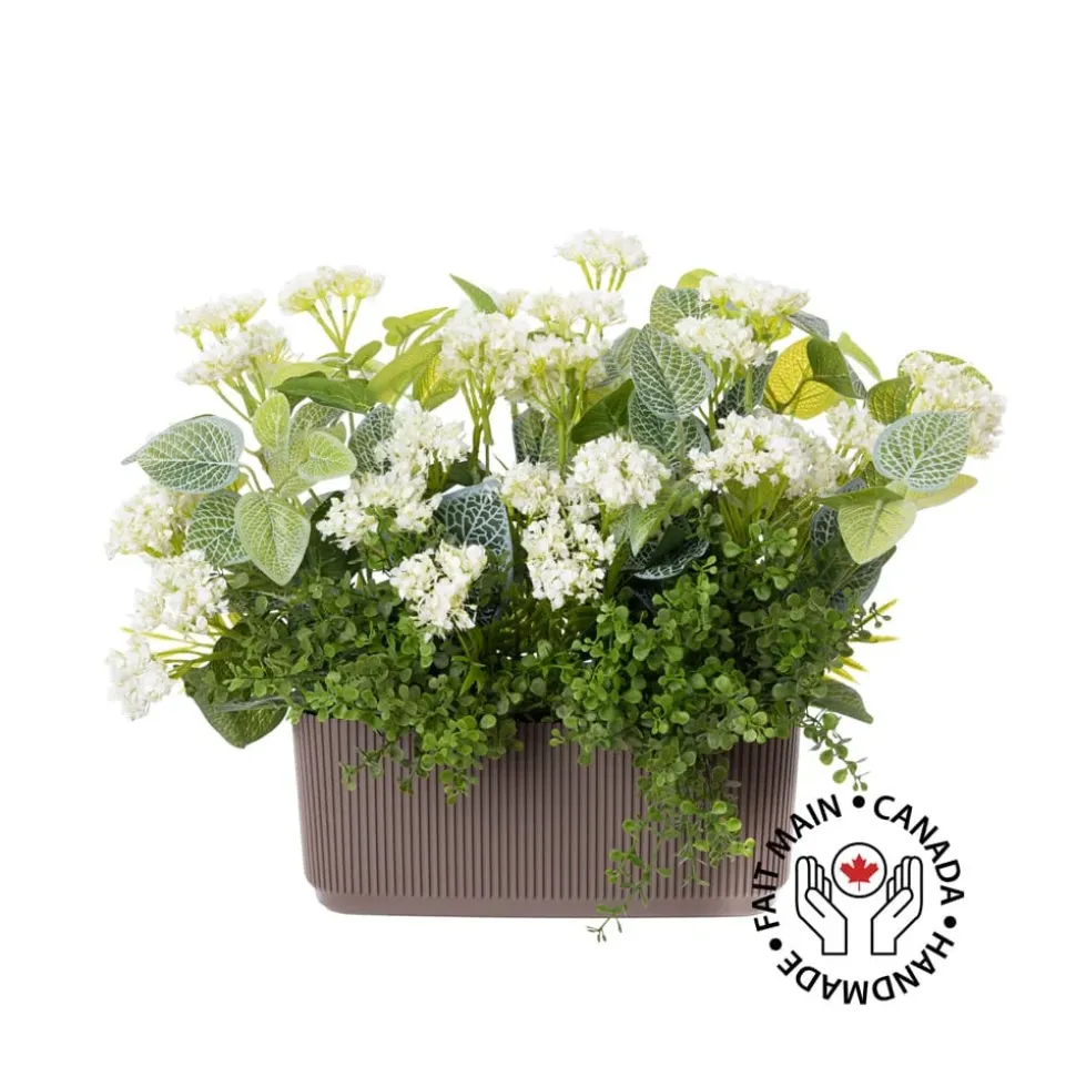 Brown balcony planter of artificial plants and white flowers