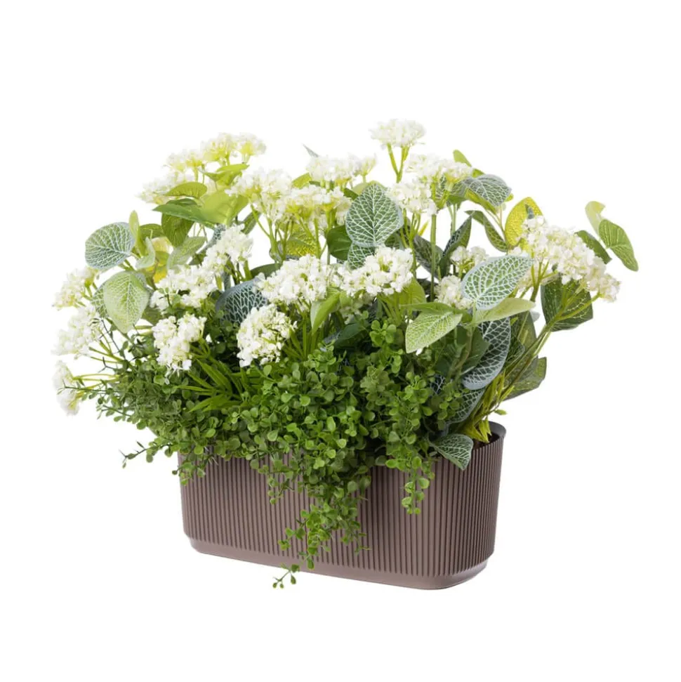 Brown balcony planter of artificial plants and white flowers