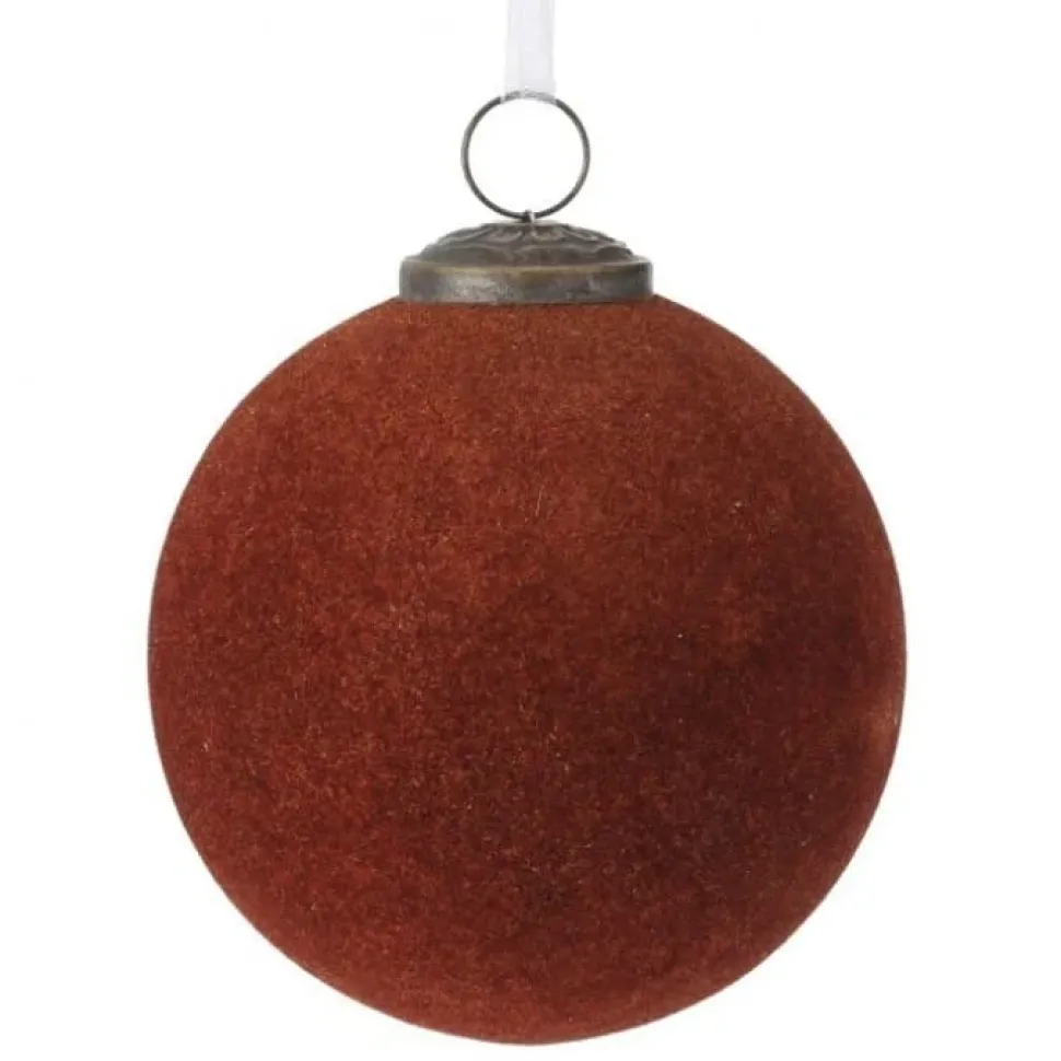 Burgundy brown flocked glass ball ornament, 4"