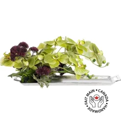 Burgundy sedum and green orchid centerpiece