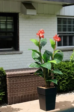 Canna rouge artificiel extérieur en pot, 62″