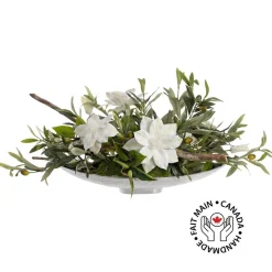 Centerpiece of olive tree branches and flowers