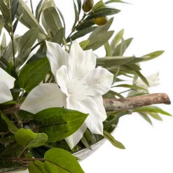 Centerpiece of olive tree branches and flowers