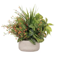 Centre de table extérieur avec fleurs orange et feuillage, 14 x 16″