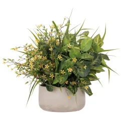 Centre de table extérieur de petites fleurs jaunes et feuillage mixte, 14 x 16″