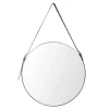 Circle mirror with leather strap, 20″
