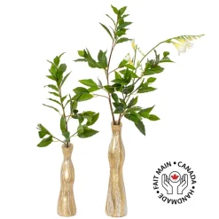 Duo of small tabletop vases with artificial greenery