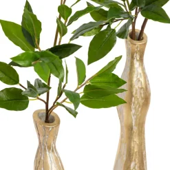 Duo of small tabletop vases with artificial greenery