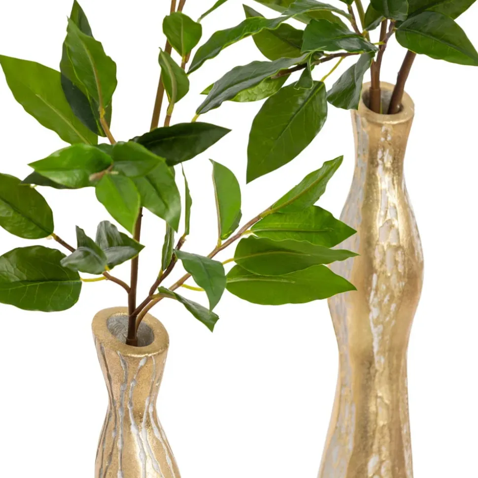 Duo of small tabletop vases with artificial greenery