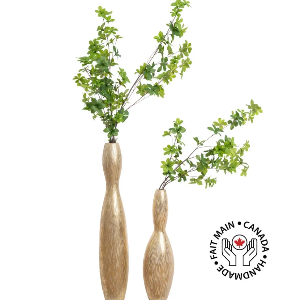 Duo of tall floor vases with artificial greenery
