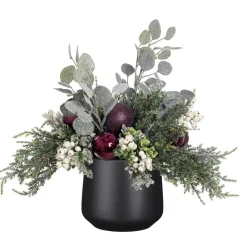 Eucalyptus and purple ornament Christmas arrangement