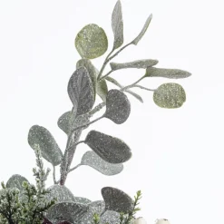 Eucalyptus and purple ornament Christmas arrangement