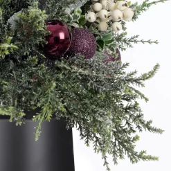 Eucalyptus and purple ornament Christmas arrangement