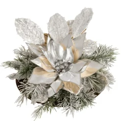 Flocked pine and poinsettia Christmas centerpiece, 10 x 16"