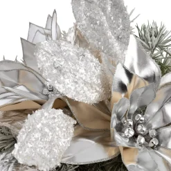 Flocked pine and poinsettia Christmas centerpiece, 10 x 16"