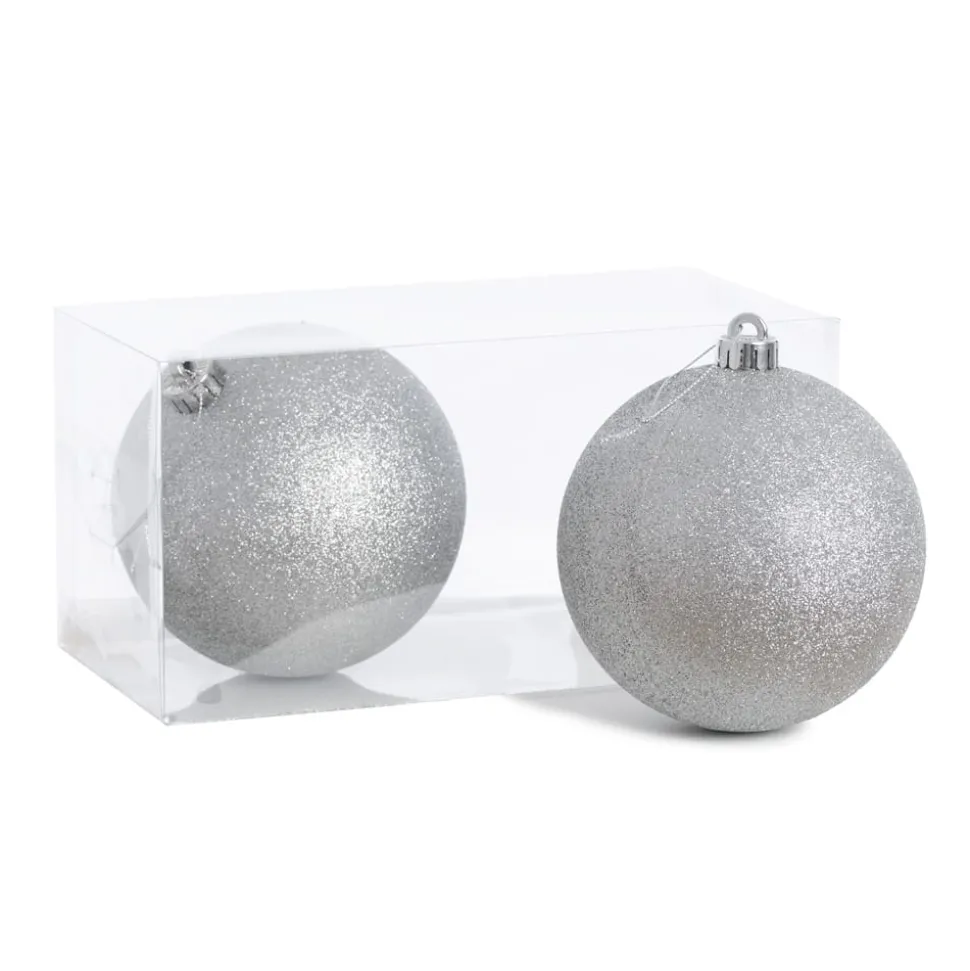 Glittered silver plastic Christmas ornaments, 5,5"