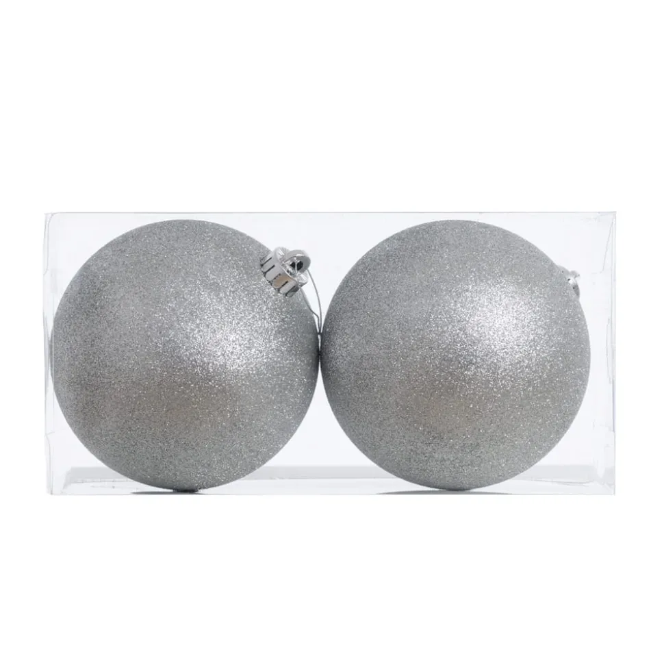 Glittered silver plastic Christmas ornaments, 5,5"
