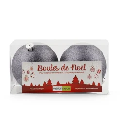 Glittery pewter Christmas balls, 6″