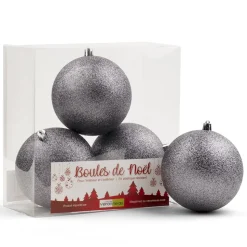 Glittery pewter Christmas balls, 4″