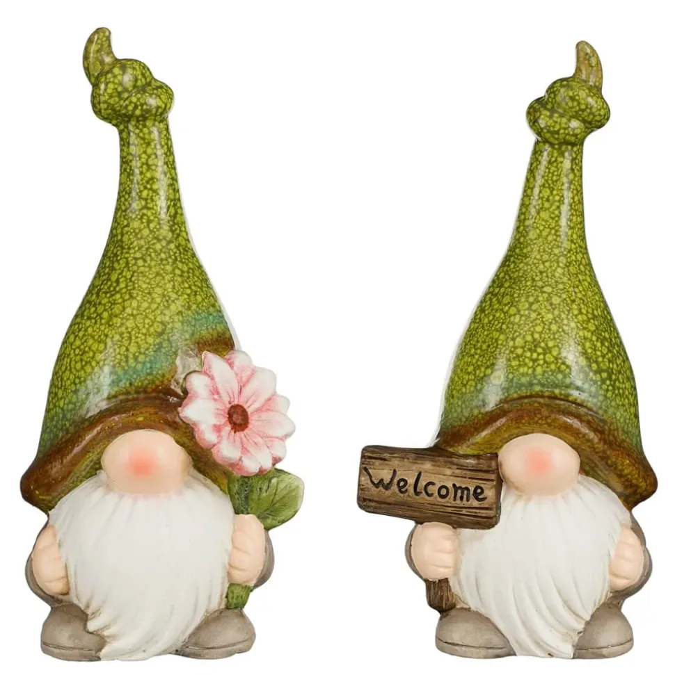 Glossy green ceramic garden gnome, 11,5 x 6"
