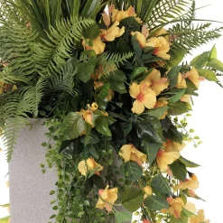 Grand vase extérieur d’hibiscus jaune et feuillages artificiels, 76 x 25″