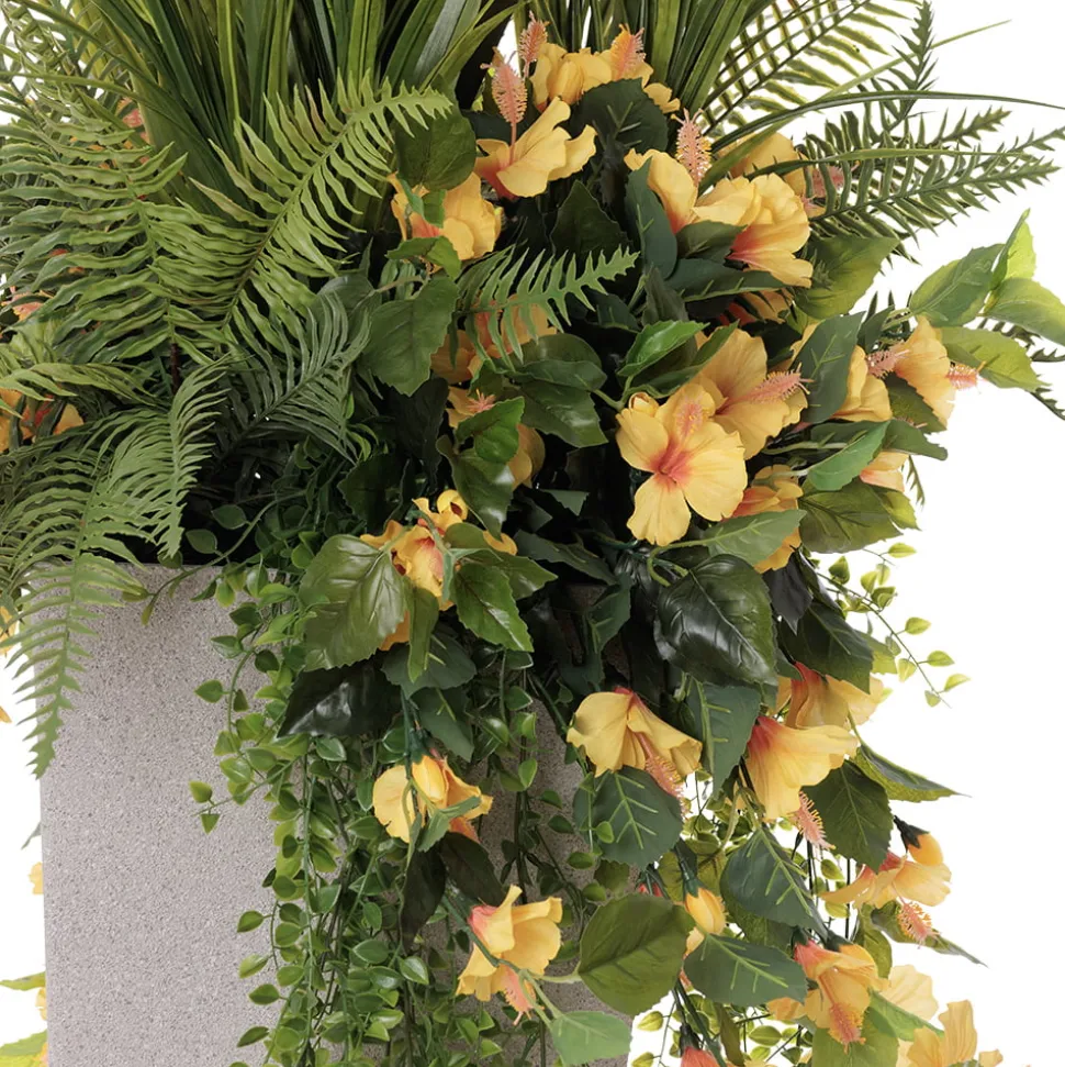 Grand vase extérieur d’hibiscus jaune et feuillages artificiels, 76 x 25″