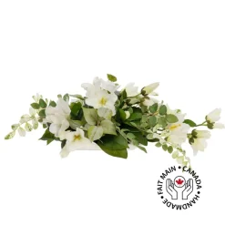 Greenery and white flower centerpiece, 6 x 21″