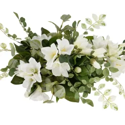 Greenery and white flower centerpiece, 6 x 21″