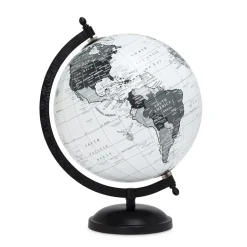 Grey and white earth globe on a black stand, 8"