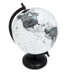 Grey and white earth globe on a black stand, 8