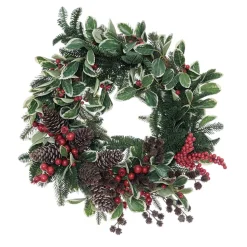 Holly Christmas wreath of pinecones and berries, 21 x 6"