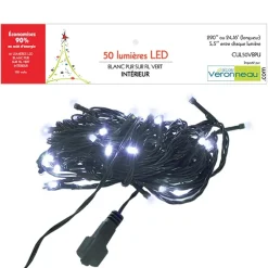 Indoor 50 LED string light, pure white on green wire, 24′