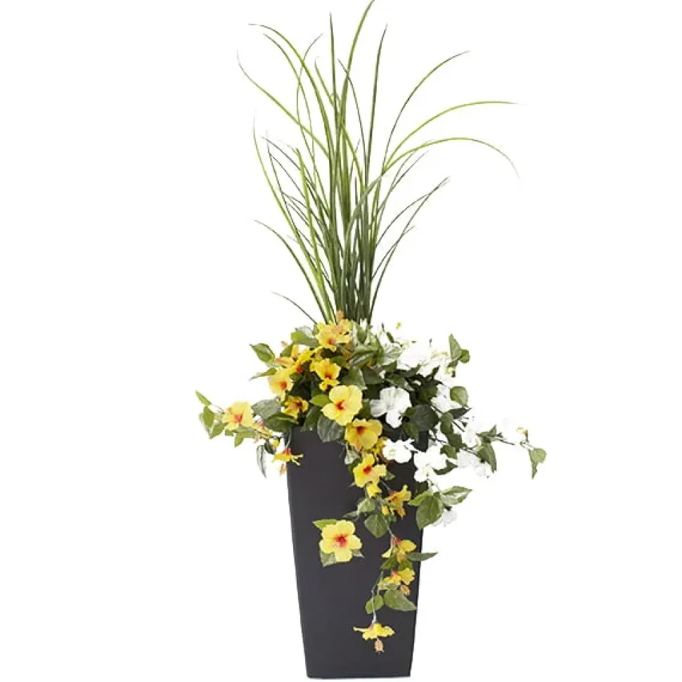 Jardinière extérieure d’hibiscus jaune et blanc artificiel, 55″
