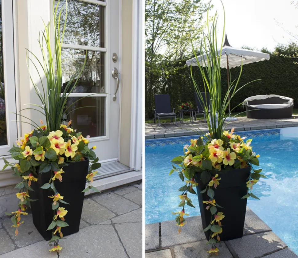 Jardinière extérieure d’hibiscus jaune et blanc artificiel, 55″