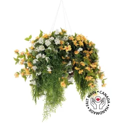Jardinière suspendue artificielle, hibiscus jaune et géranium, 38 x 42″