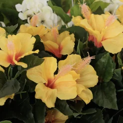 Jardinière suspendue artificielle, hibiscus jaune et géranium, 38 x 42″