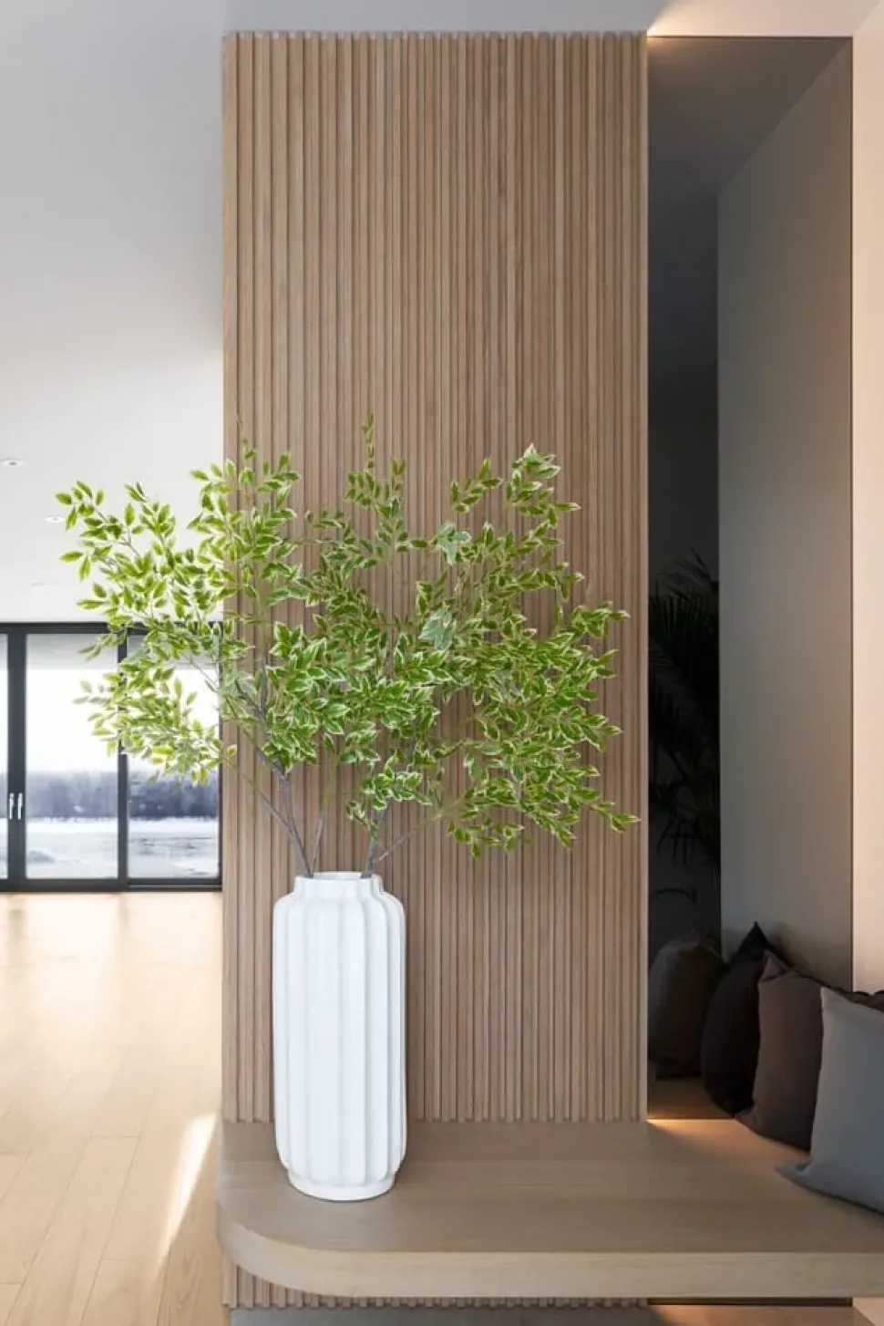 Large white ribbed fiberglass planter