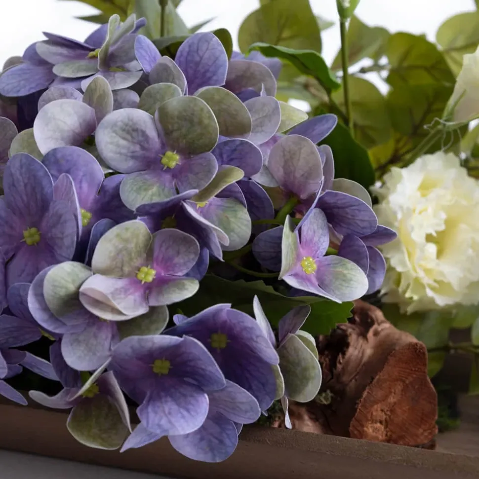Lisianthus and purple hydrangea centerpiece