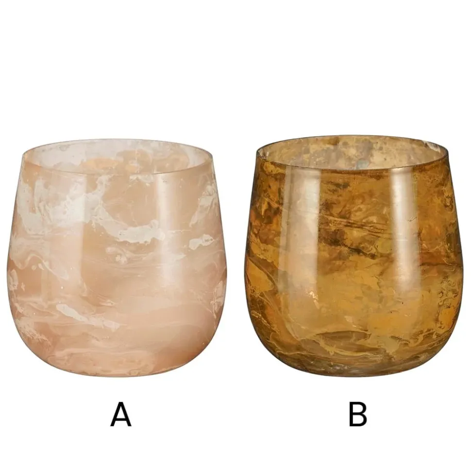 Marbled finish glass tealight holder, 4 x 4"