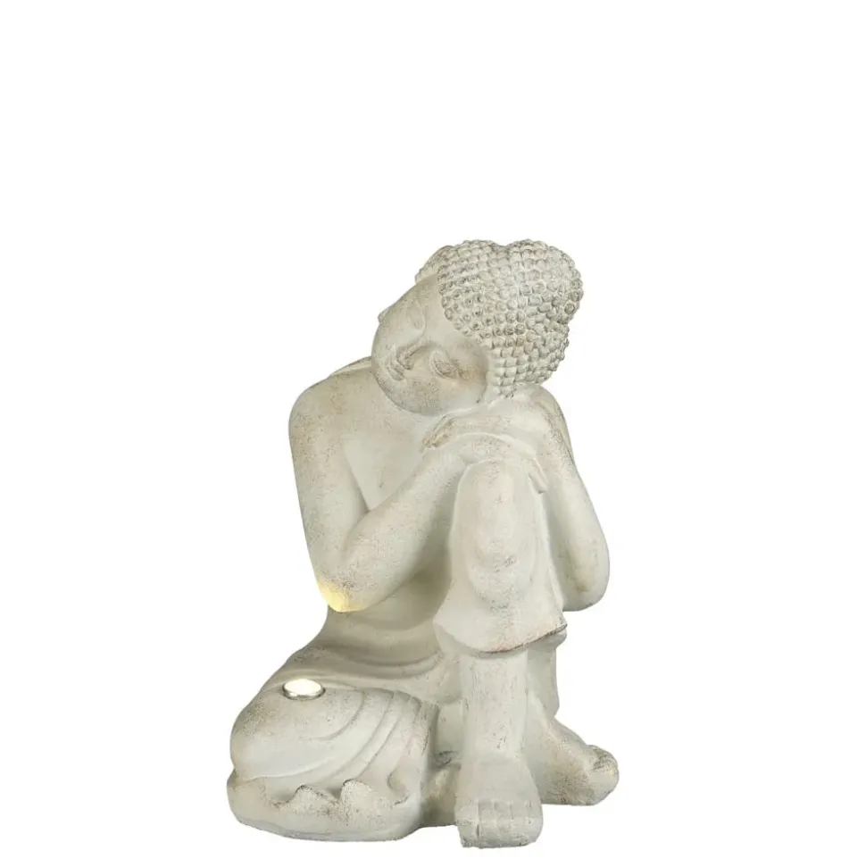 Meditative beige buddha statue with solar light, 14 x 11"