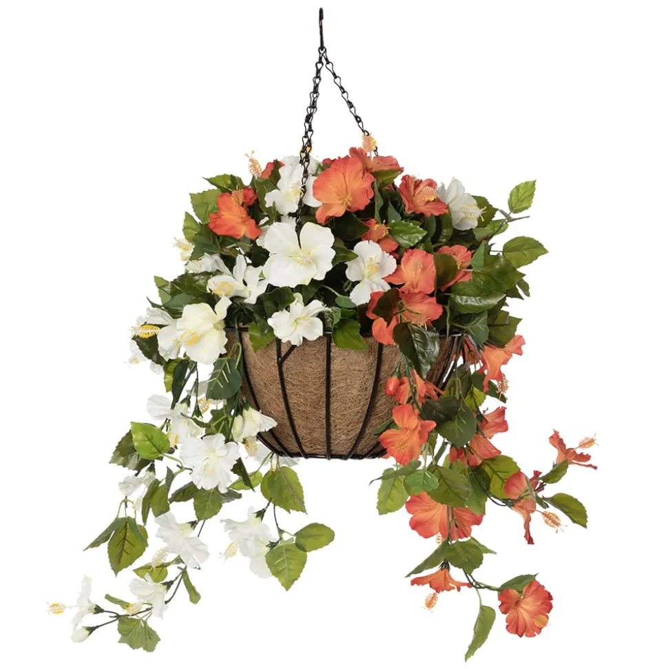 Orange & white hibiscus hanging flower basket, 24 x 22″