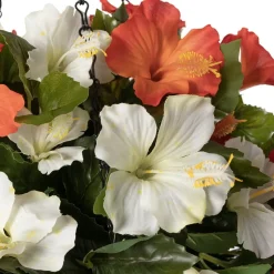 Orange & white hibiscus hanging flower basket, 24 x 22″