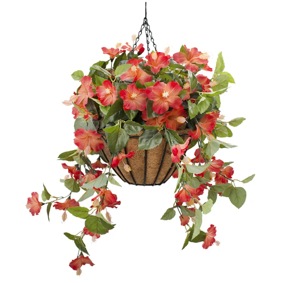 Orange hibiscus outdoor hanging flower basket, 24 x 22″