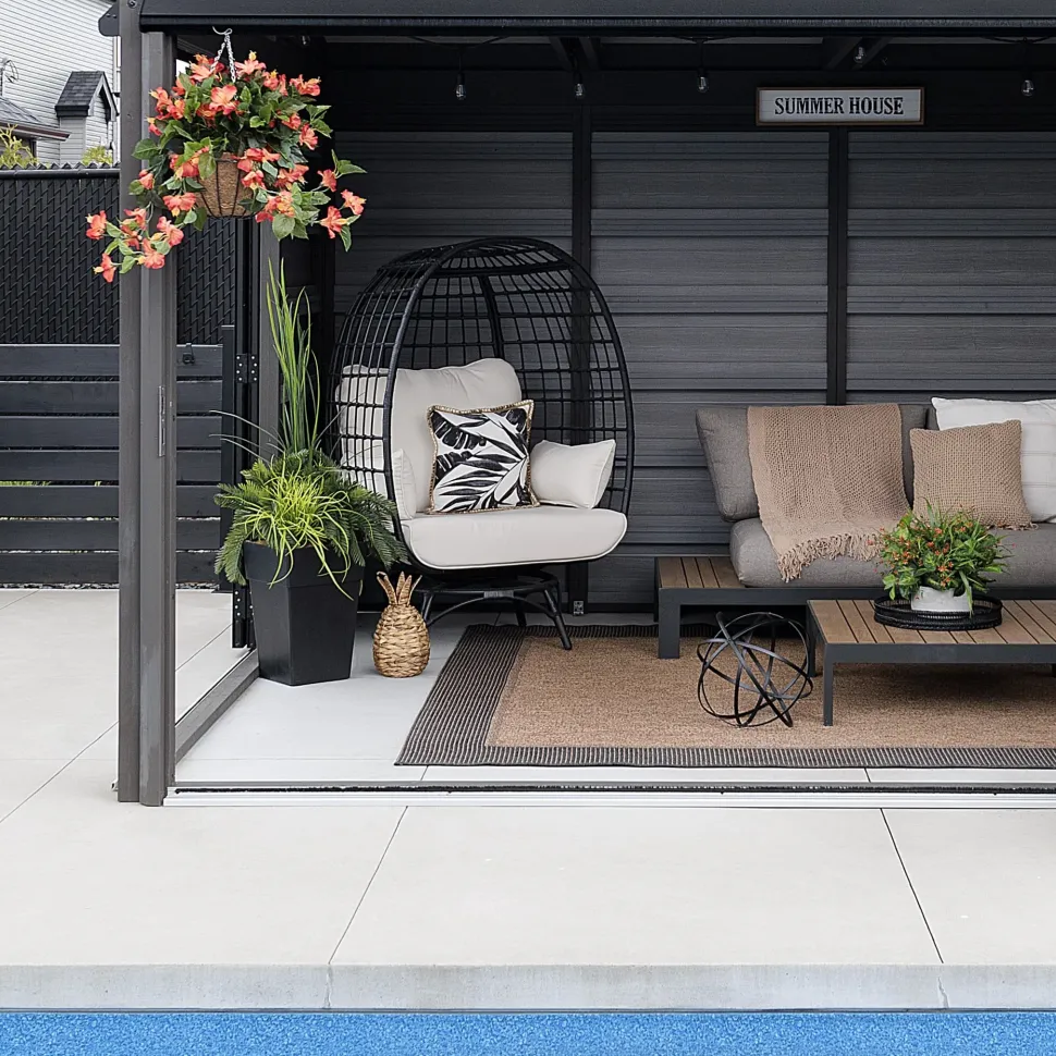 Orange hibiscus outdoor hanging flower basket, 24 x 22″