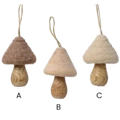 Ornement de Noël champignon en laine et bois, 4″
