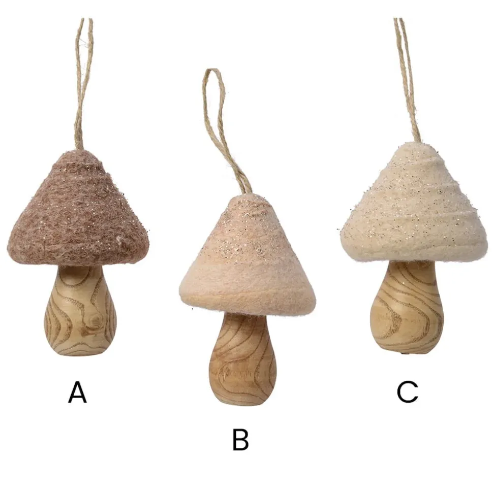 Ornement de Noël champignon en laine et bois, 4″